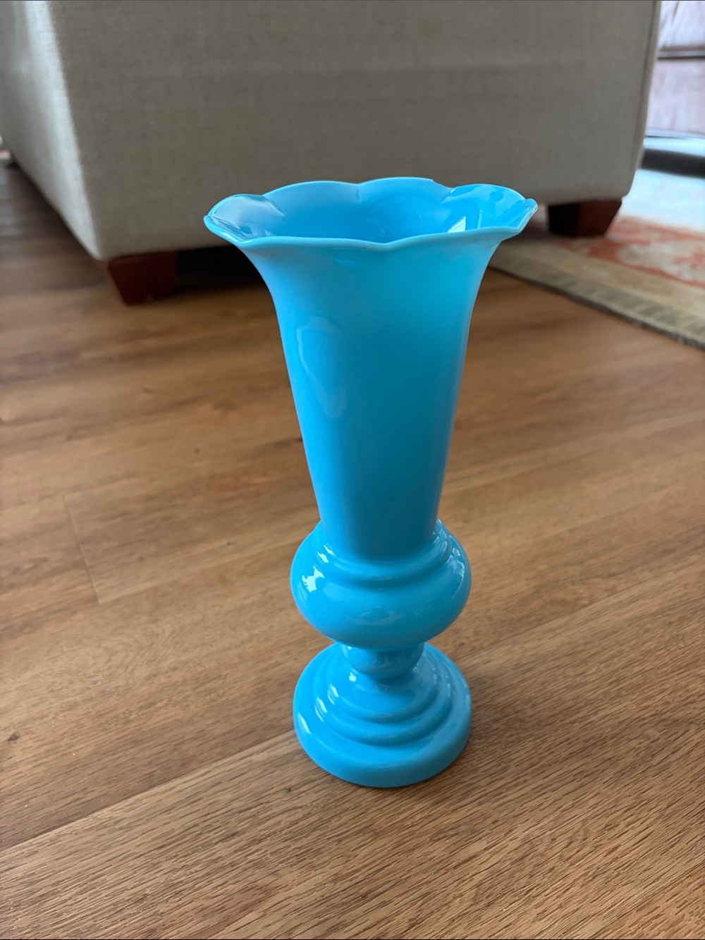 Vintage Hand-Finished Blue Opaline Milk Glass Pedestal Bud Vase Scalloped Rim